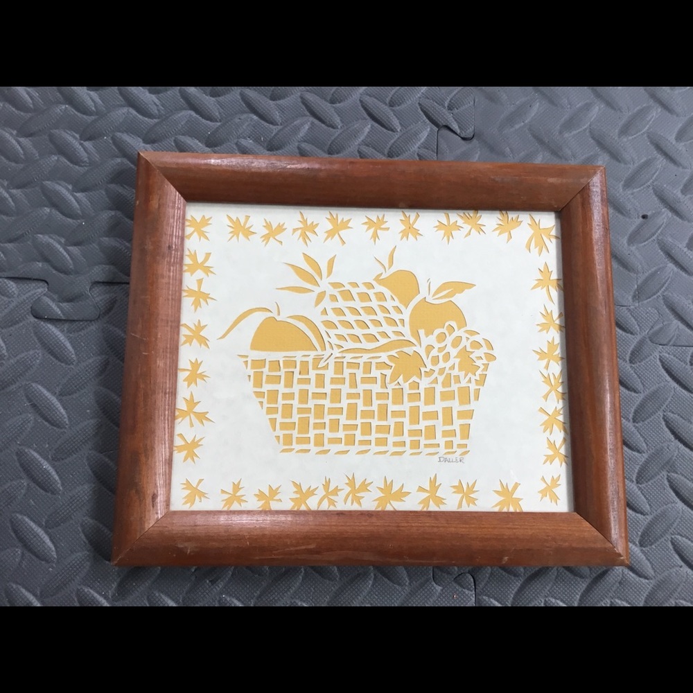Handcrafted fruit basket cut paper art gold back